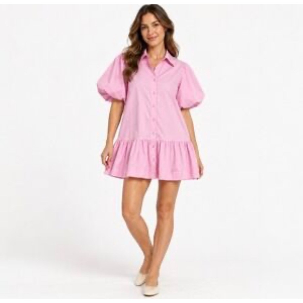 Hunter & Brown Pink Babydoll Shirt Mini Dress M Puff Sleeve Preppy Coquette